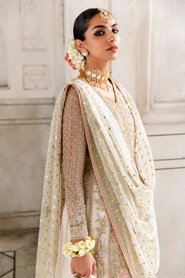 Sitara Mukaish hand-embellishment ivory net bodice Pakistani formal suit Hammad Bespoke Official