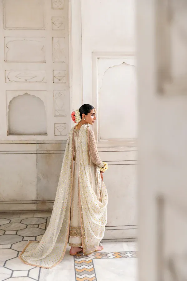 mukaish work suit back view organza dupatta trail ivory champagne Hammad Bespoke Official formal