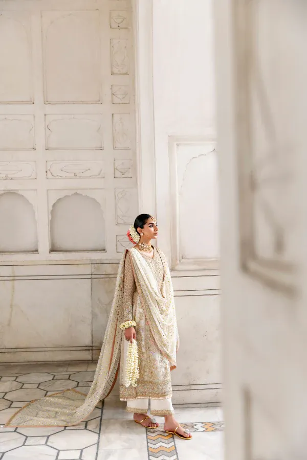 ivory net organza mukaish suit Pakistani formal wear three-piece Hammad Bespoke Official Multan
