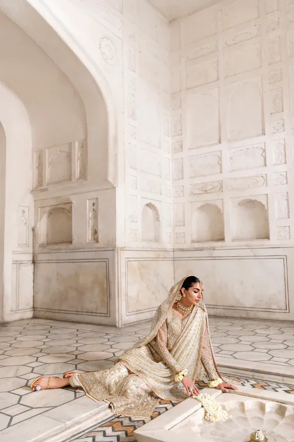 mukaish work suit champagne ivory net formal Pakistani dress Hammad Bespoke Official nikkah walima