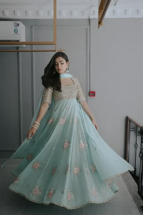 blue anarkali dress chiffon formal A-line flared Resham floral Hammad Bespoke Official