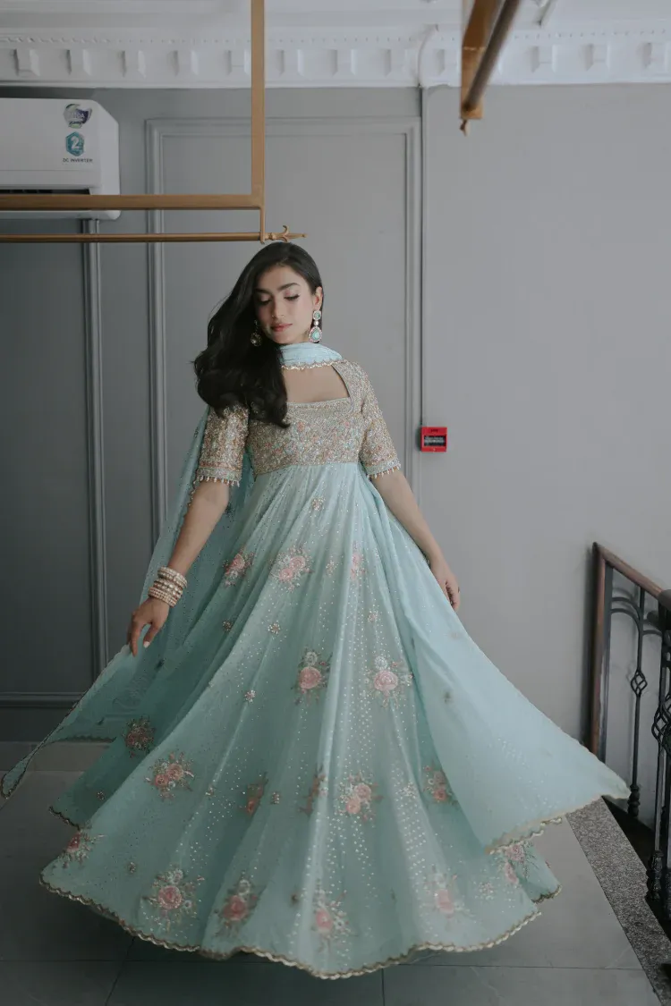 blue anarkali dress chiffon formal A-line flared Resham floral Hammad Bespoke Official