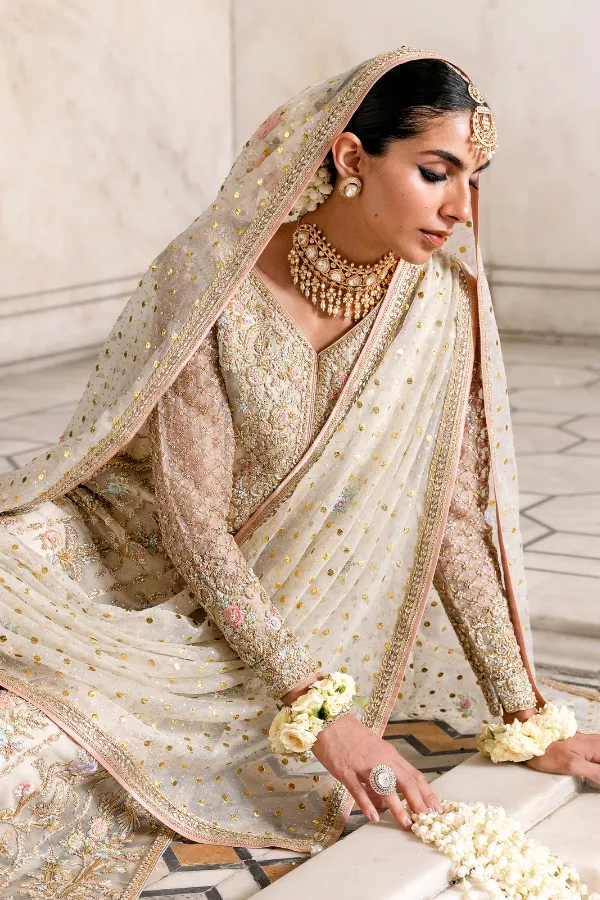 mukaish work suit ivory net organza Sitara embellishment Hammad Bespoke Official Multan atelier formal