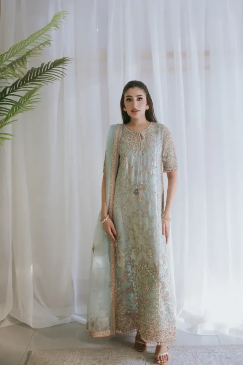 blue anarkali dress square neckline half sleeve resham embroidery Multan atelier Master Artisan