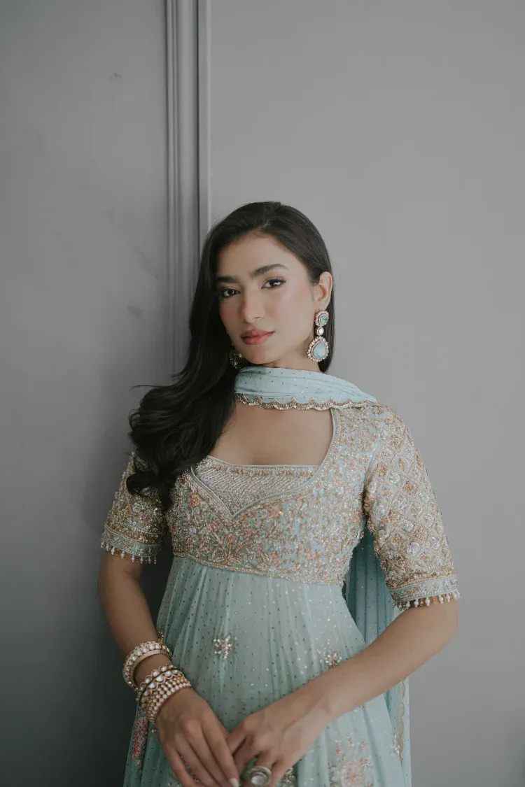 blue anarkali dress hand-embroidered chiffon Resham Zardozi Multan atelier Hammad Bespoke Official