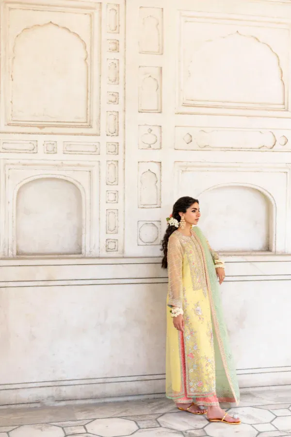 yellow chiffon embroidered suit side profile sage green net dupatta coral trouser Hammad Bespoke Official.webp yellow chiffon embroidered suit side profile sage green net dupatta coral trouser Hammad Bespoke Official