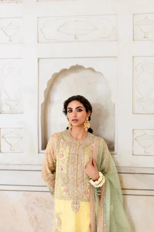 embroidered chiffon suit butter yellow zardozi resham floral formal Hammad Bespoke Official Multan