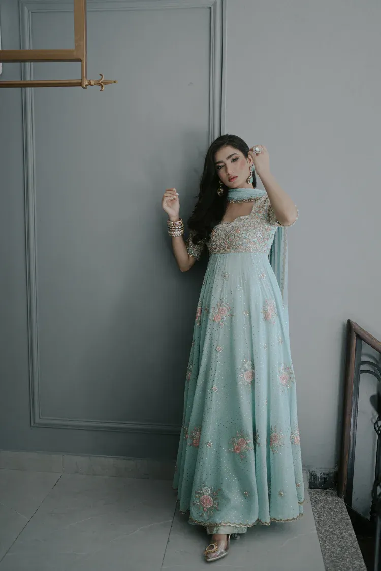 powder blue chiffon anarkali dress floor-length formal Hammad Bespoke Official Multan
