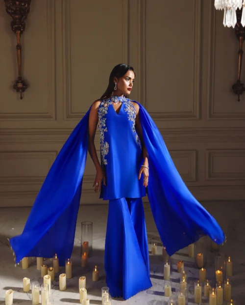 blue salwar suit floor-length silk cape cobalt electric party wear bespoke Hammad Bespoke Official