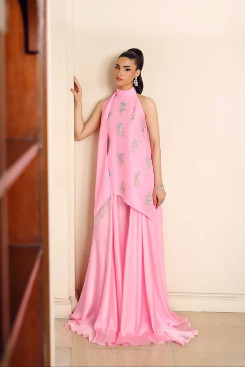 pink sharara side profile halter kurta asymmetric hem scarf tassel atelier bespoke
