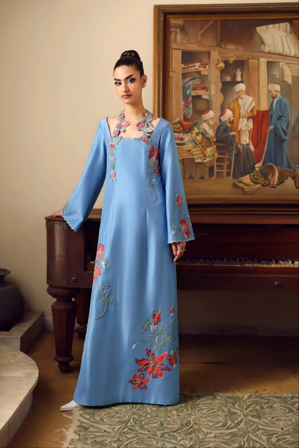 hand-embroidered-kurta-blue-a-line-silhouette-floor-length-three-quarter-view-atelier-commission.webp hand embroidered kurta blue A-line silhouette floor-length three quarter view atelier commission