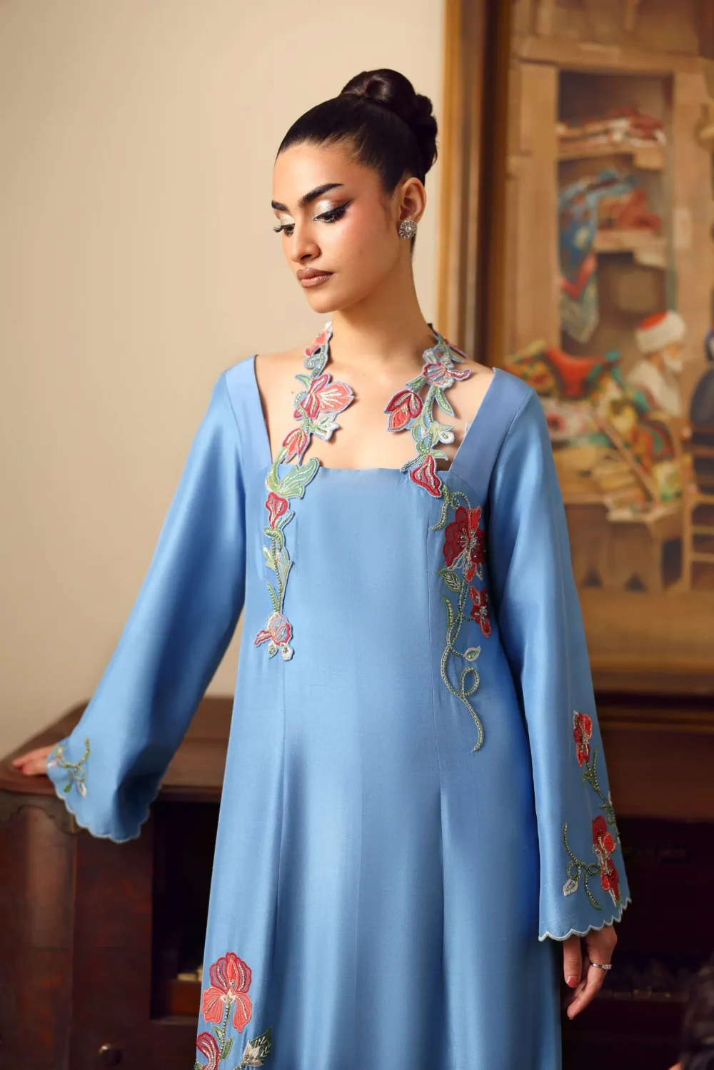 hand-embroidered-kurta-blue-silk-scalloped-bell-sleeve-resham-florals-close-up-hammad-bespoke-official.webp hand embroidered kurta blue silk scalloped bell sleeve resham florals close up Hammad Bespoke Official