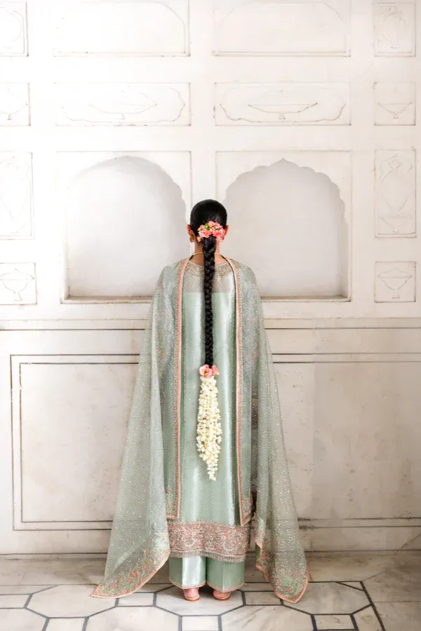 back view mint green embroidered suit Mukaish zari net dupatta Hammad Bespoke Official