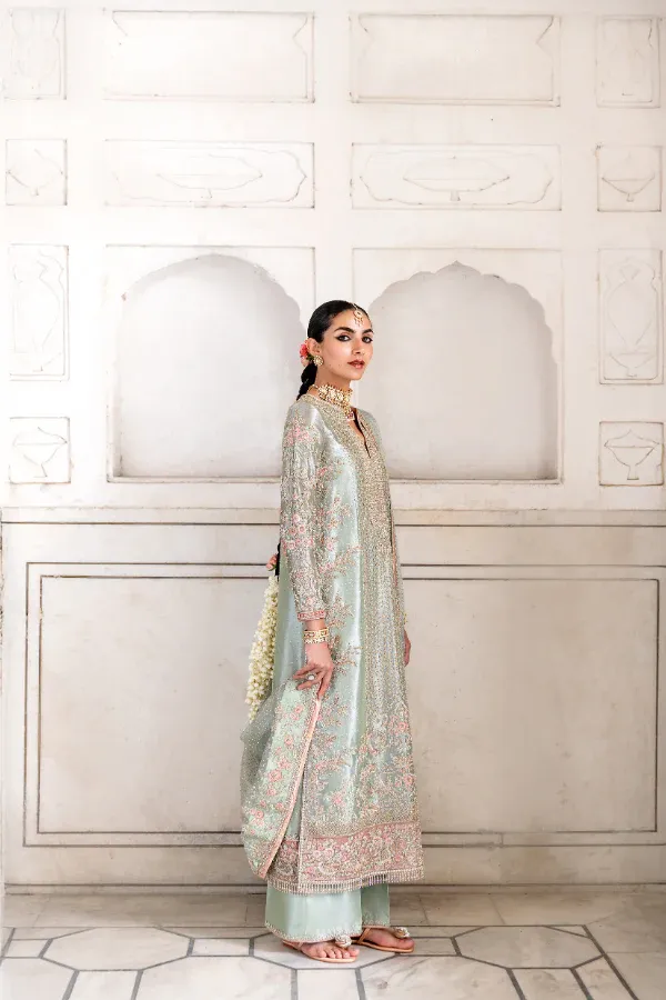 mint green embroidered lamé kurta with Resham floral branch panel and Mukaish net dupatta
