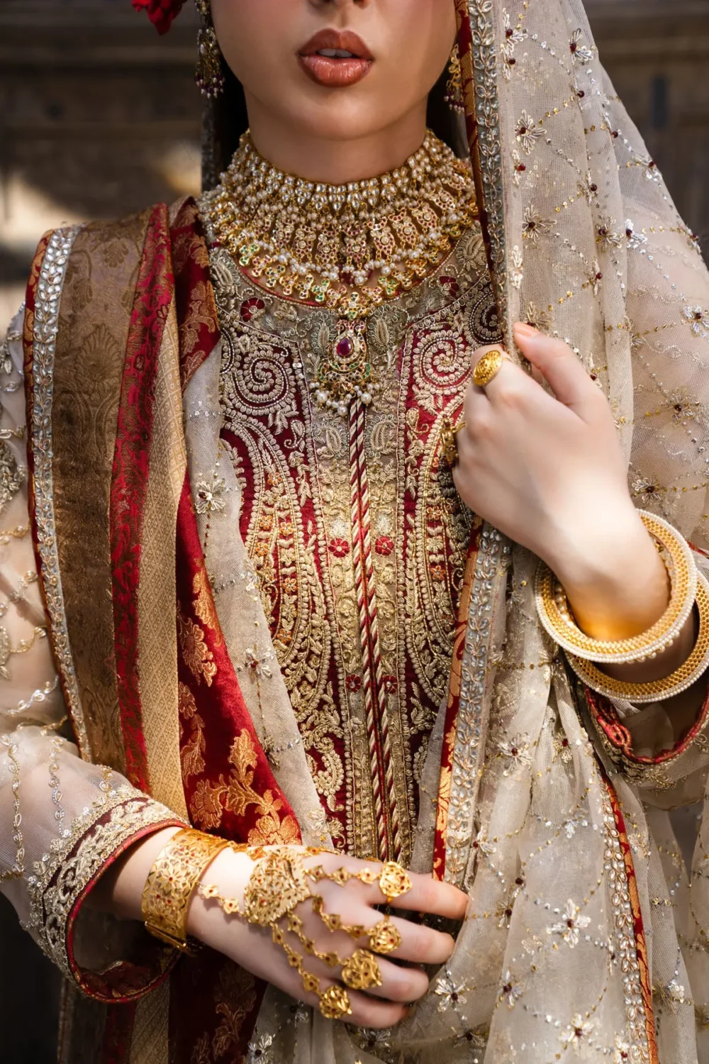 jamawar suit zardozi chest panel crimson gold Resham handwork bridal Hammad Bespoke Official