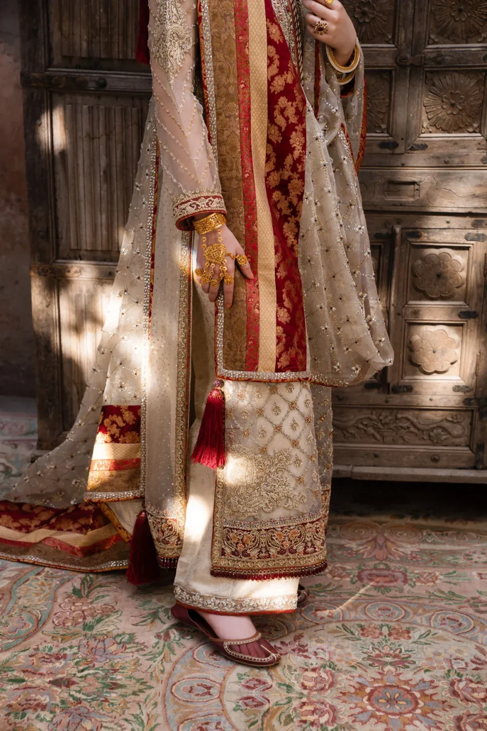 jamawar suit crimson jamavar brocade azaar kamdani dupatta red tassels Hammad Bespoke Official