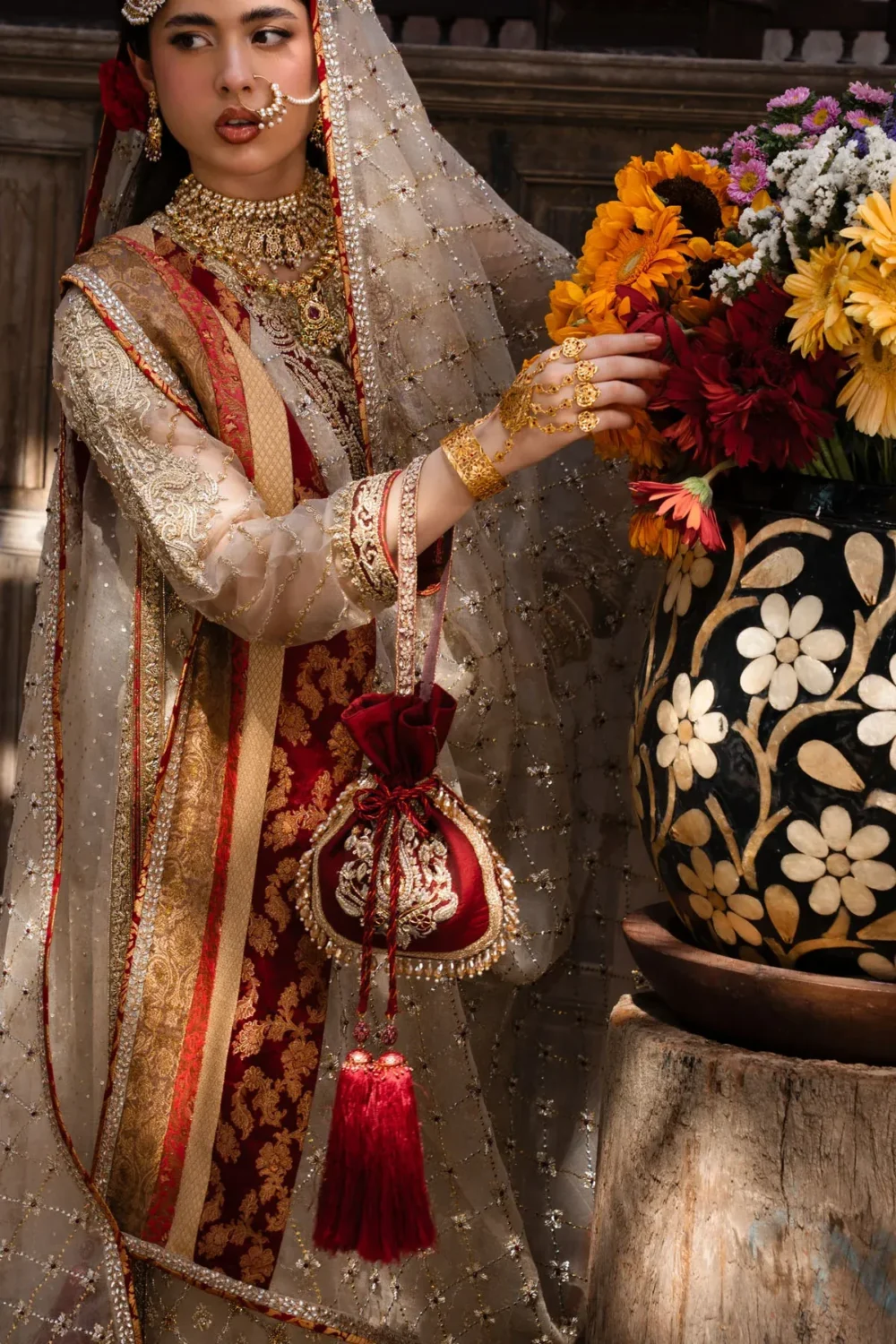 jamawar suit zardozi bodice neckline velvet potli crimson tassels Master Artisan Hammad Bespoke Official