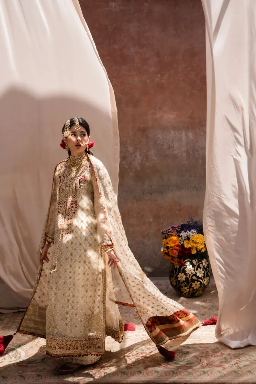 jamawar suit ivory bridal ensemble zardozi jaal dupatta crimson brocade azaar Hammad Bespoke Official