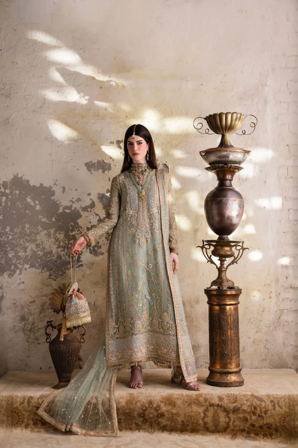 green net suit side profile chatta patti churidar crystal hem fringe Multan atelier