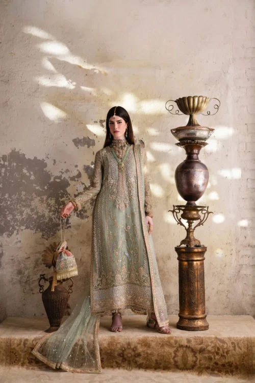 green net suit side profile chatta patti churidar crystal hem fringe Multan atelier