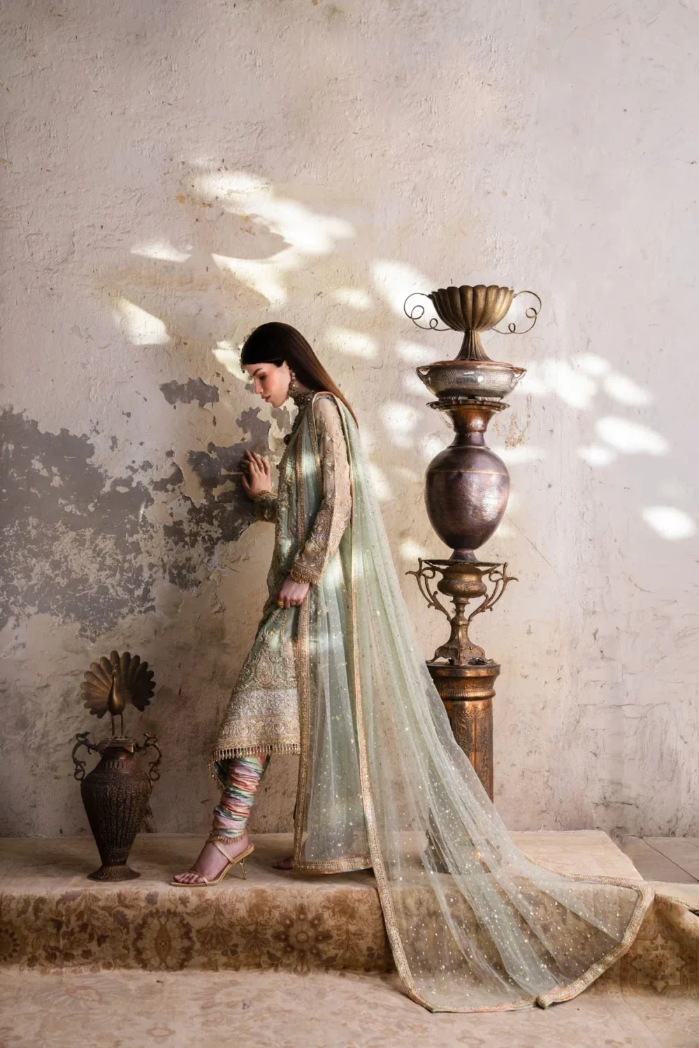 green net suit back view pistachio lamé trailing dupatta formal Hammad Bespoke Official