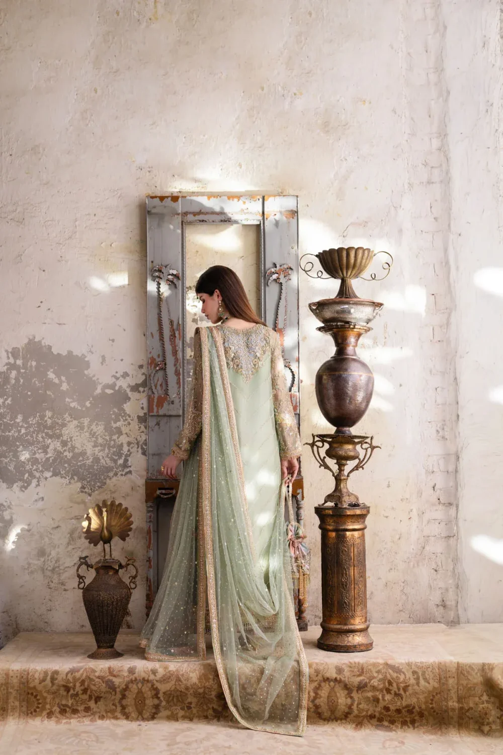 green net suit back yoke Zardozi geometric floral lattice Dabka Resham Multan Master Artisan
