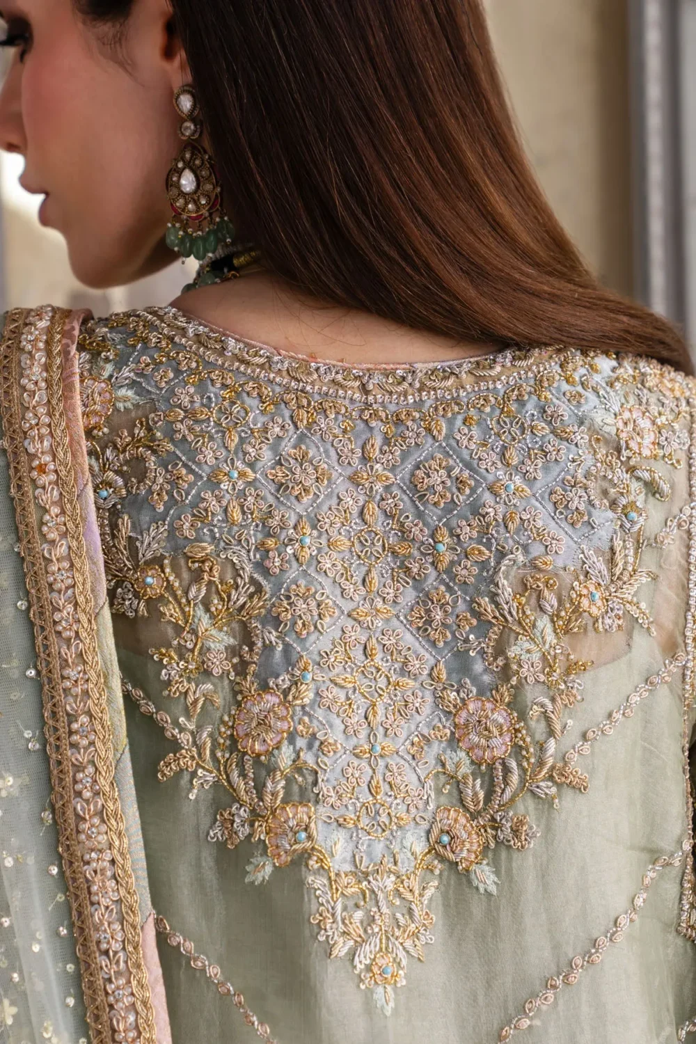 green net suit formal bridal guest pistachio lamé Multan atelier hand-embroidered