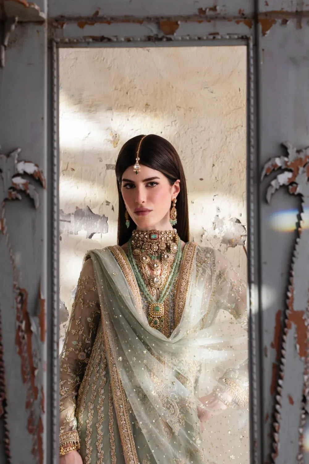 green net suit with dupatta pistachio star sequin net potli bag formal Hammad Bespoke Official