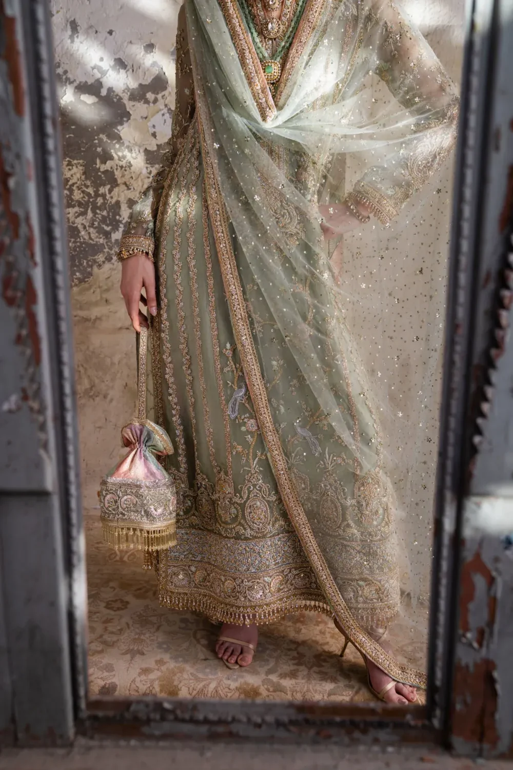 green net suit A-line silhouette pistachio lamé Zardozi formal Hammad Bespoke Official
