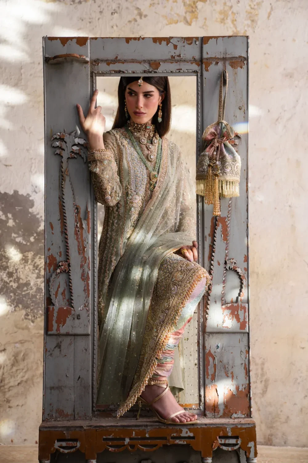 green net suit full set pistachio chatta patti churidar potli bag Multan formal