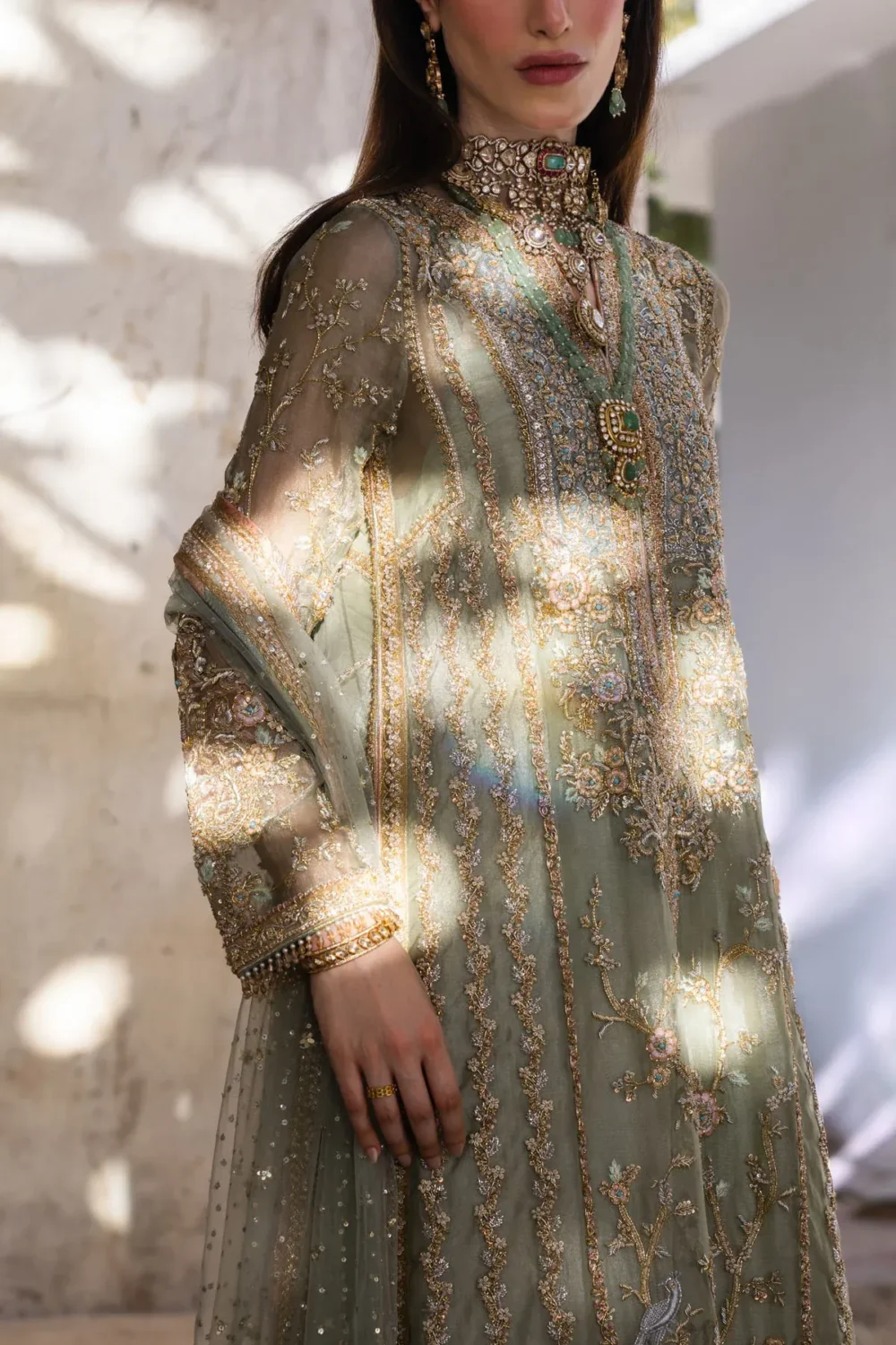 green net suit hem border Zardozi medallion crystal fringe Multan atelier hand-embroidered