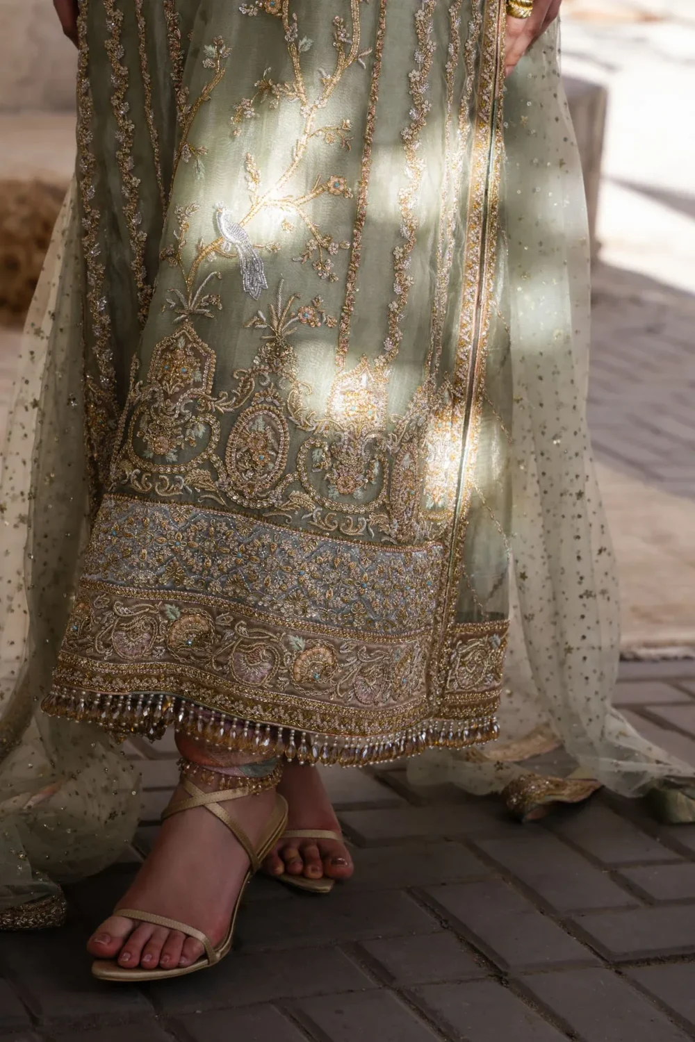 green net suit pistachio lamé Zardozi Resham formal Hammad Bespoke Official Multan atelier