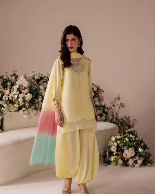 embroidered salwar suit lemon yellow silk pearl crystal sequin neckline cuff detail Hammad Bespoke Official