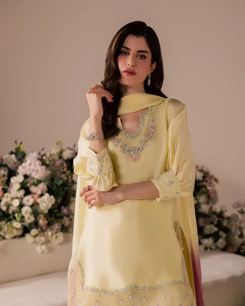embroidered salwar suit lemon yellow silk pearl crystal sequin neckline cuff detail Hammad Bespoke Official