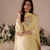 embroidered salwar suit lemon yellow silk pearl crystal sequin neckline cuff detail Hammad Bespoke Official