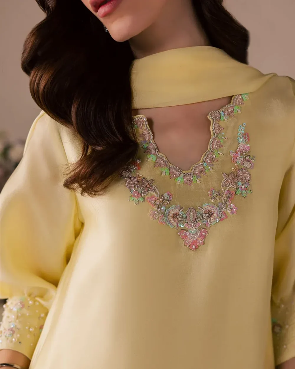yellow salwar suit scalloped V-neckline polychrome sequin floral embroidery atelier Hammad Bespoke Official
