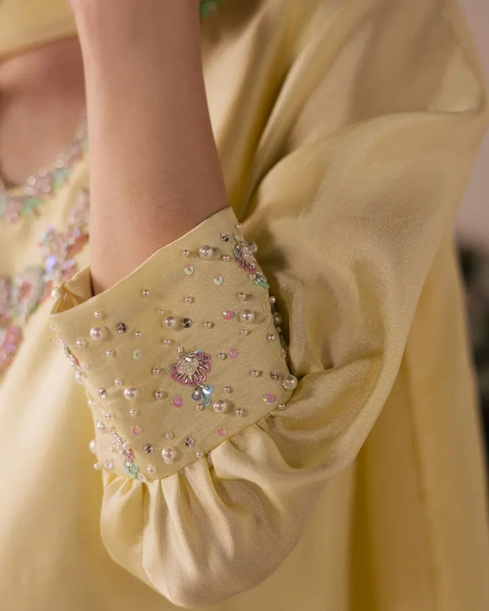 yellow salwar suit embellished cuff seed pearl sequin crystal Master Artisan Hammad Bespoke Official