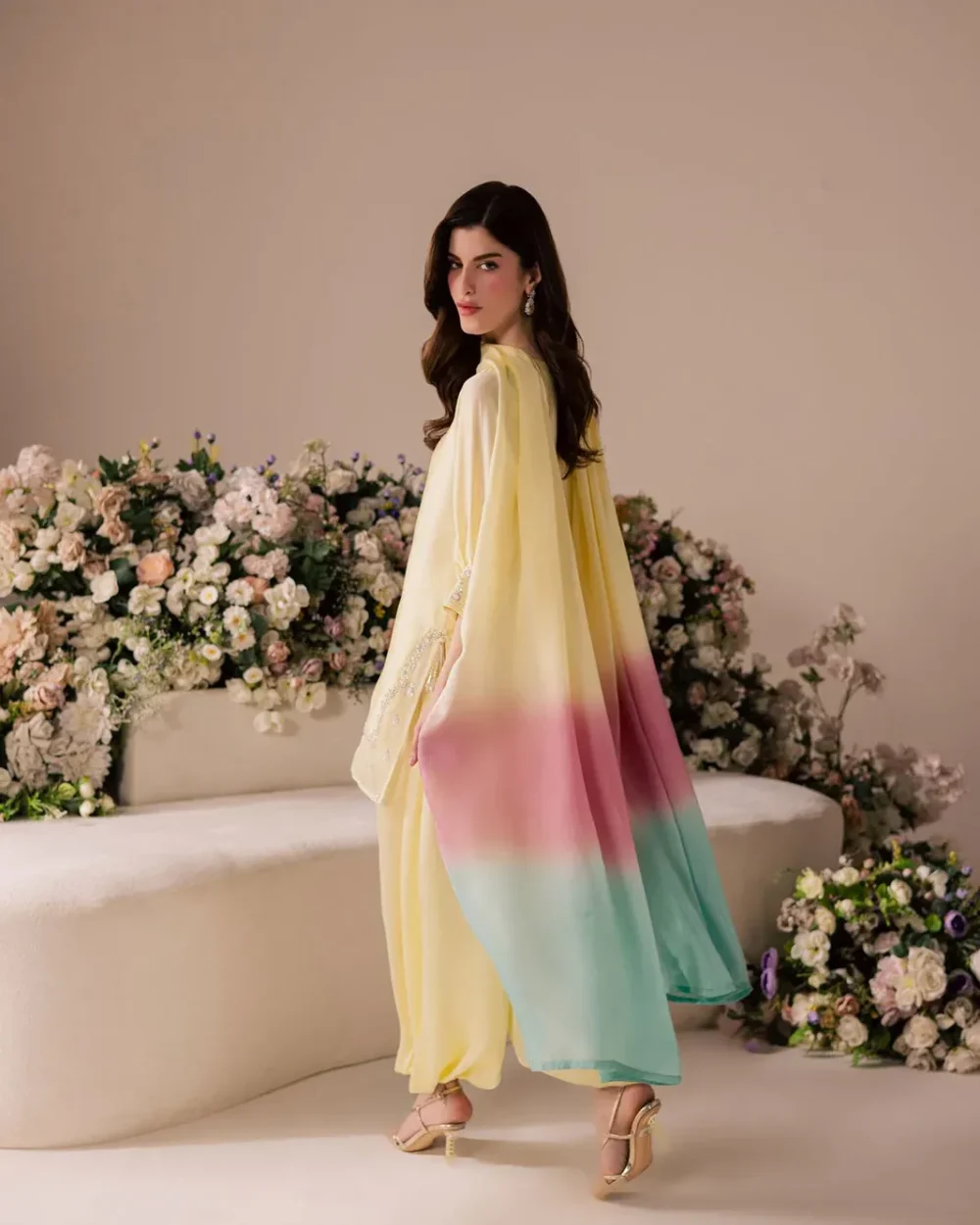 yellow salwar suit ombre tie-dye dupatta yellow pink mint silk balloon sleeves Hammad Bespoke Official