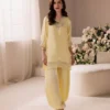 yellow salwar suit pure sheesha silk balloon sleeve pearl crystal neckline Hammad Bespoke Official