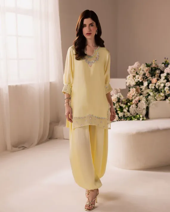 yellow salwar suit pure sheesha silk balloon sleeve pearl crystal neckline Hammad Bespoke Official
