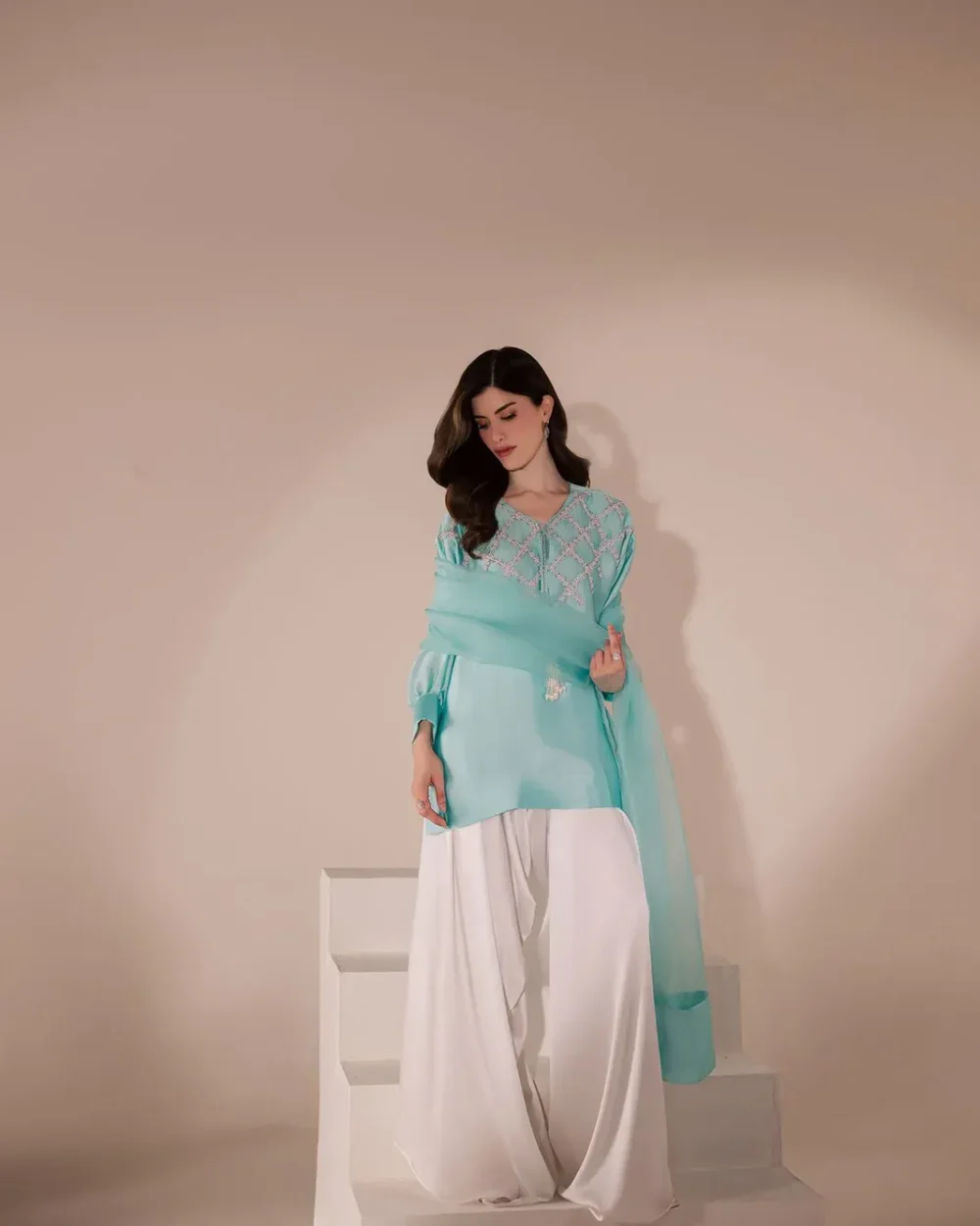 embroidered-silk-kurta-aqua-organza-dupatta-draped-white-dhaka-pants-wedding-guest-hammad-bespoke-official.webp embroidered silk kurta aqua organza dupatta draped white dhaka pants wedding guest Hammad Bespoke Official
