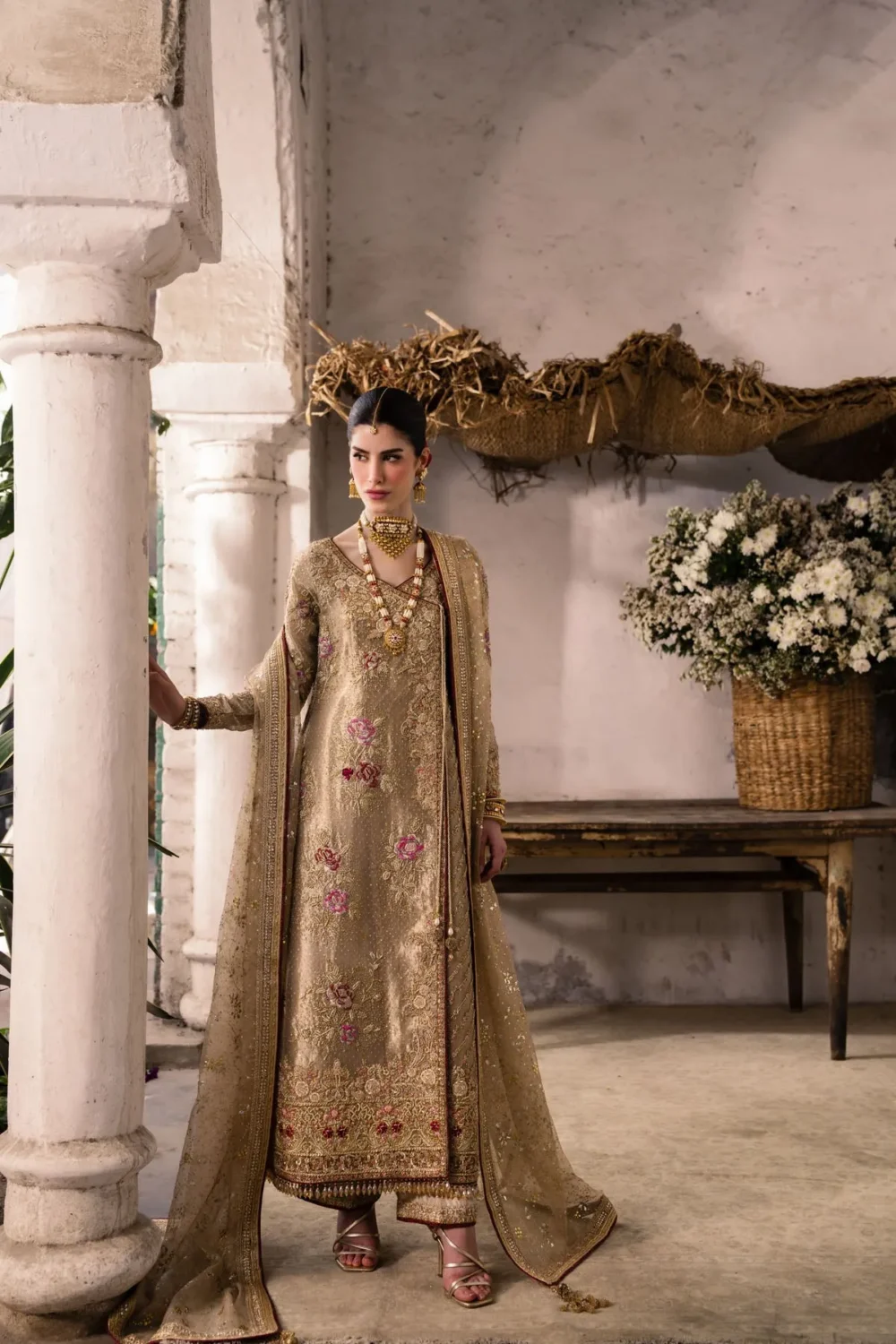 Angrakha suit in gold-beige organza with floral resham embroidery - Hammad Bespoke Official