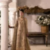 Angrakha suit in gold-beige organza with floral resham embroidery - Hammad Bespoke Official