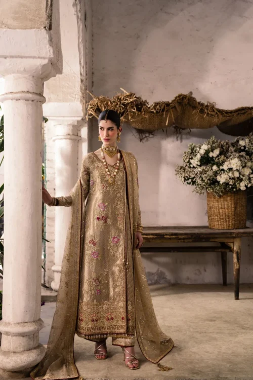 Angrakha suit in gold-beige organza with floral resham embroidery - Hammad Bespoke Official