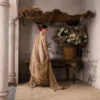 Full back view showing mukaish dupatta drape on gold organza angrakha suit - Hammad Bespoke Official