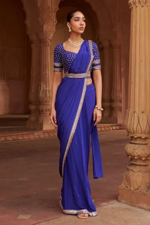 full-look blue saree Hammad Bespoke Official hand-embroidered sequin crepe luxury Pakistani