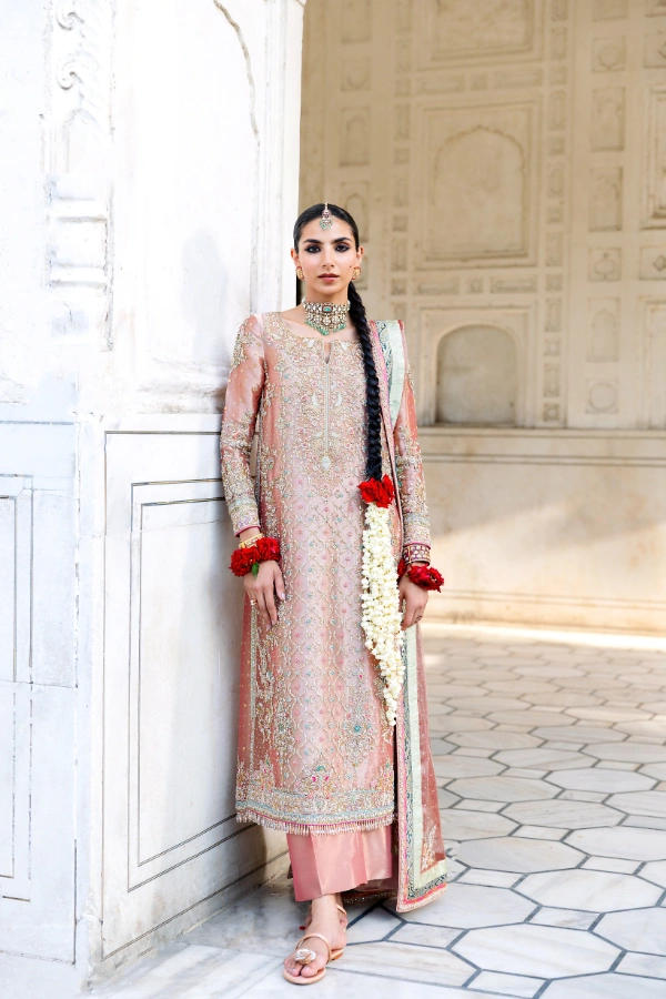 tissue silk suit front view polychrome Resham Zardozi blush lamé formal suit Hammad Bespoke Official