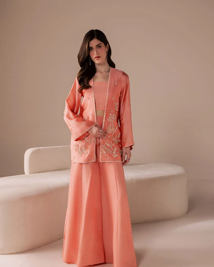 sharara dress front jacket open pearl trim inner crop peach sheesha silk wedding guest Hammad Bespoke Official