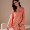 sharara dress open jacket flared sleeve pearl trim resham floral peach silk wedding guest Hammad Bespoke Official