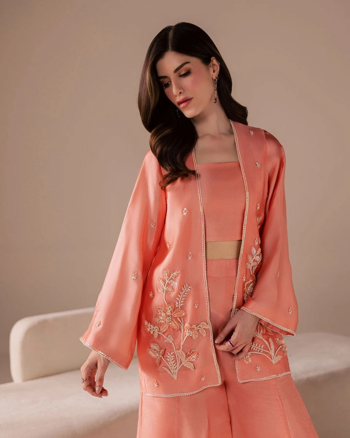 sharara dress open jacket flared sleeve pearl trim resham floral peach silk wedding guest Hammad Bespoke Official